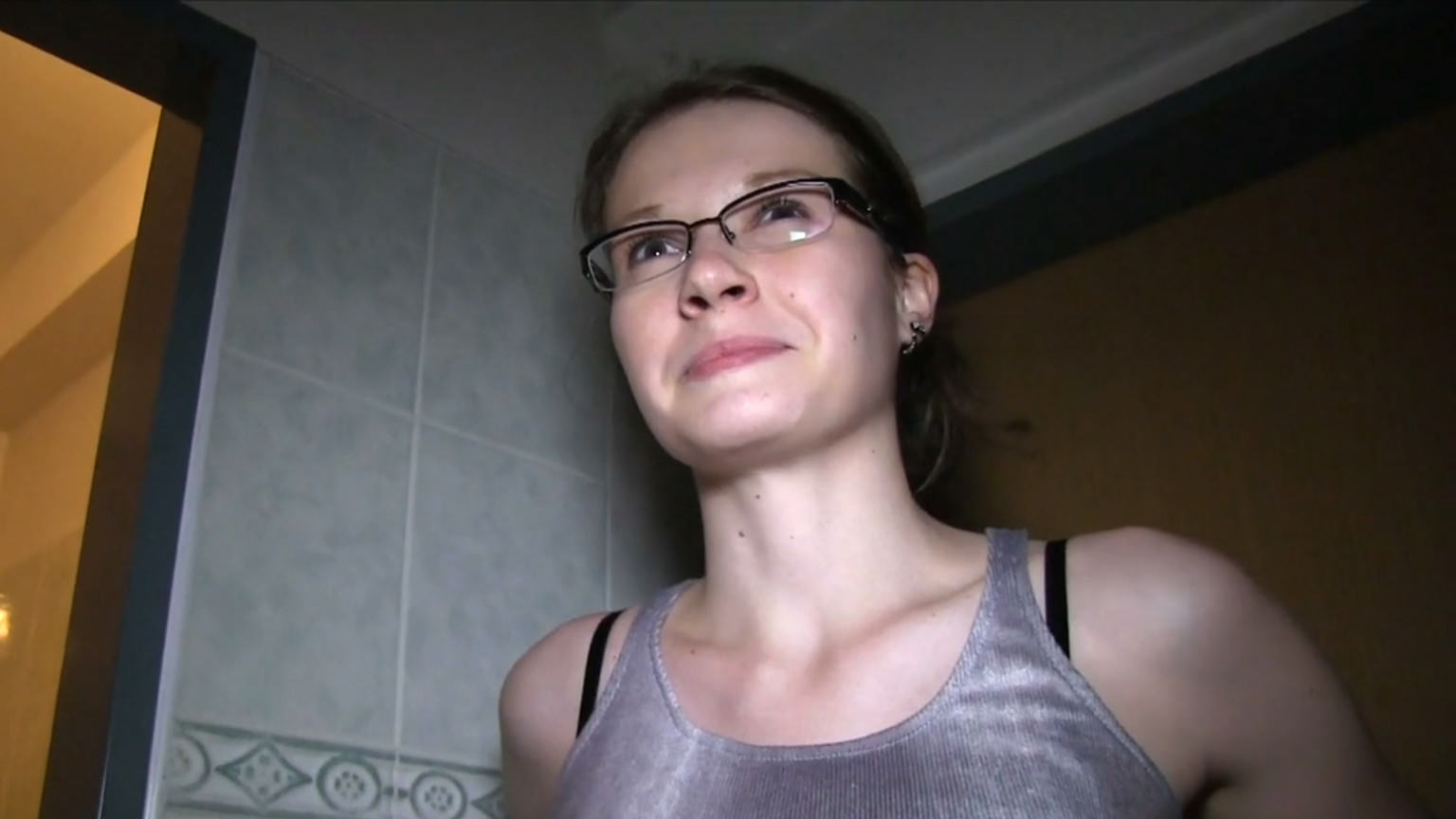 Hot glasses babe fucks in public bathroom