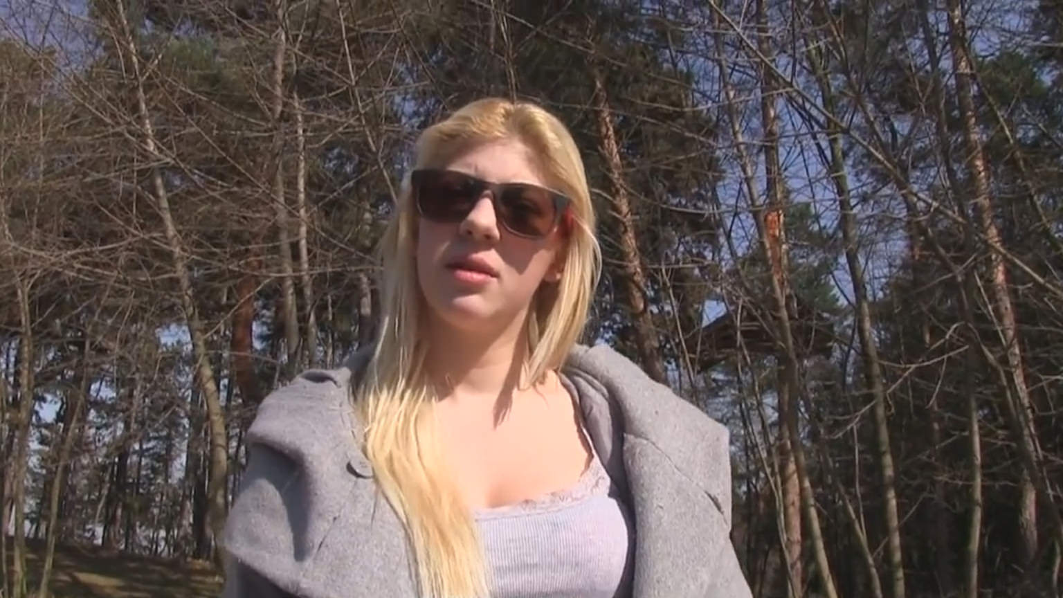 Cute blonde sucks cock outside
