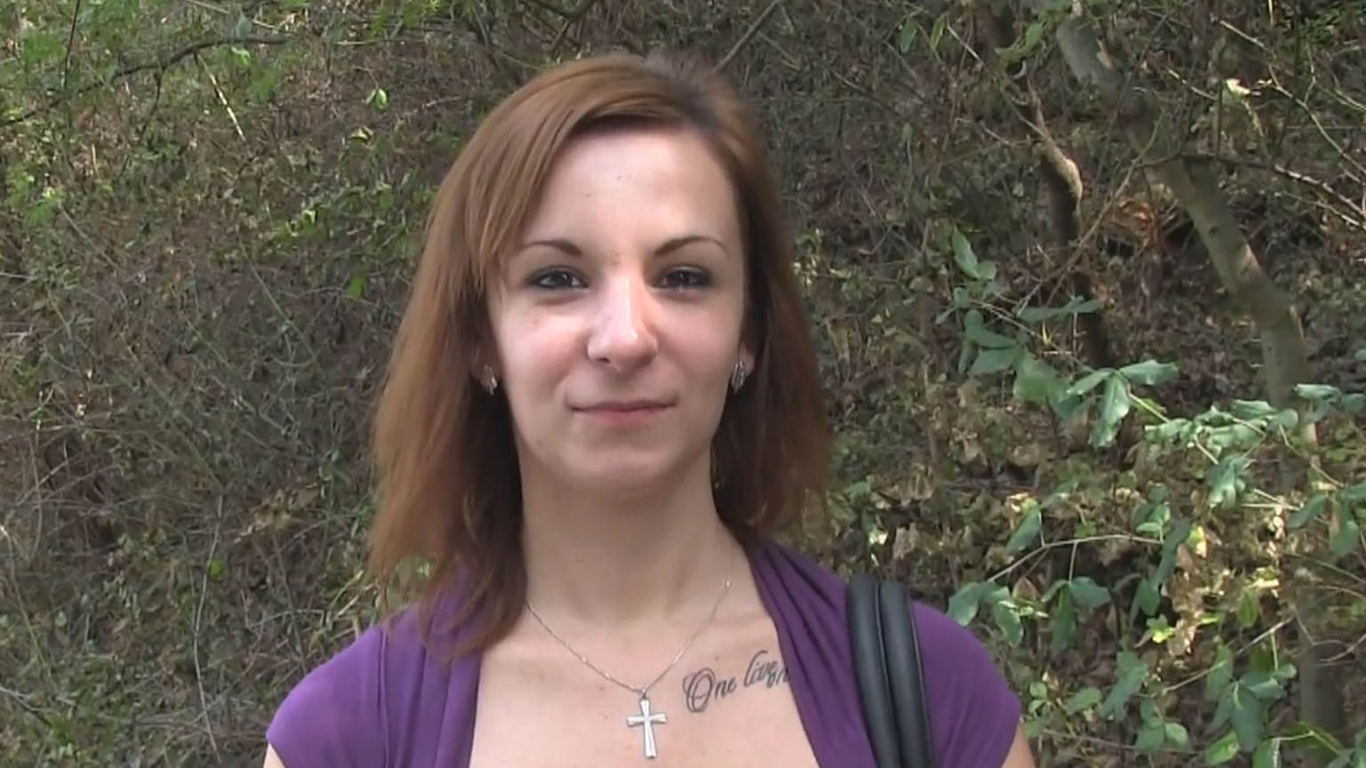 Brunette having outdoors sex in the bushes