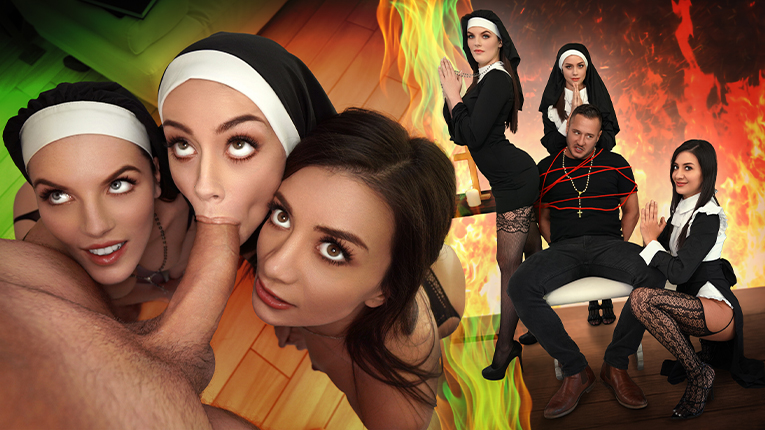 Three Horny Nuns Fuck the Devil Out of Him - bffs